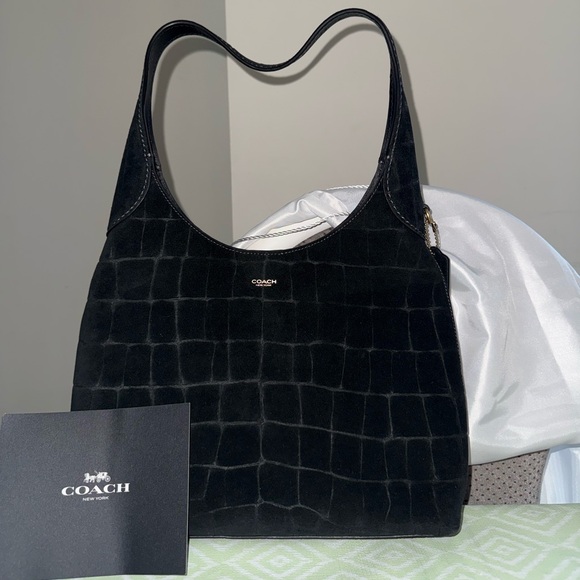 Coach Handbags - Coach Brooklyn Shoulder Bag 28 Black Suede Crocodile Embossed